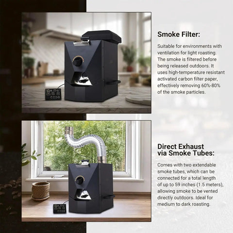 Electric Coffee Roaster 500 Gram Capacity With Three Smart Roast Settings Smokeless Filter Chaff Collector Direct Fire Heating Stainless Steel Build For Keeping Your Coffee Game Strong At Home smoke filter and direct exhaust tube in kitchen setting.