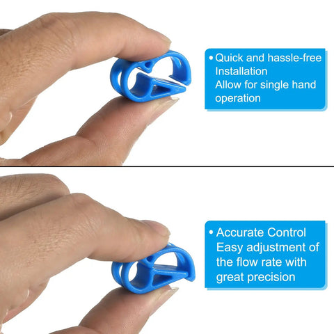 Hand holding a blue plastic tube clamp from the Plastic Tube Clamps Set Of 5 Pieces Three Sixteenth To Five Sixteenth Inch Tube OD.
