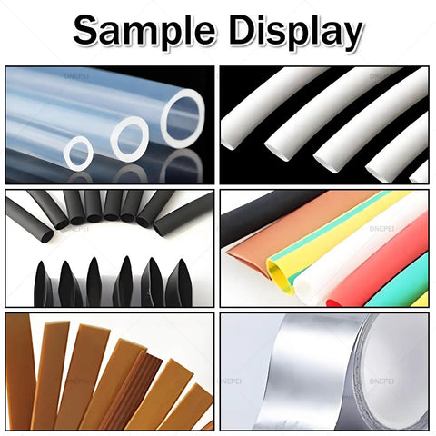 Sample display of various tubing materials including PVC and PE for use with High Precision Automatic Heat Shrink Tube Cutter.