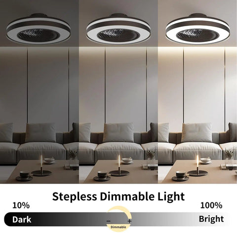 Smart Ceiling Fan With Lights Remote Control Dimmable LED Lighting 20 Inch Enclosed Bladeless Fan Semi Flush Mount, dimming effect