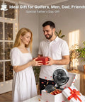Couple exchanging Magnetic Golf Cart Misting Fan And Phone Holder Gift Set ideal for dads and golfers.