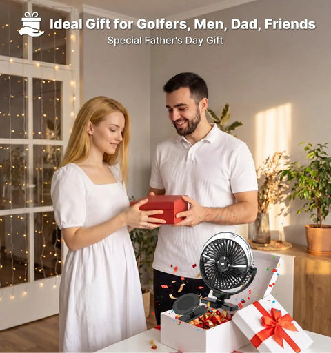 Couple exchanging Magnetic Golf Cart Misting Fan And Phone Holder Gift Set ideal for dads and golfers.