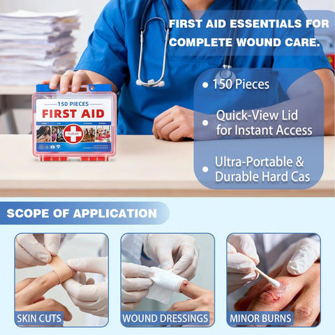 Front view of TLIEAO mini first aid kit, 150 pieces, pink case with blue latch held by a person in blue scrubs.