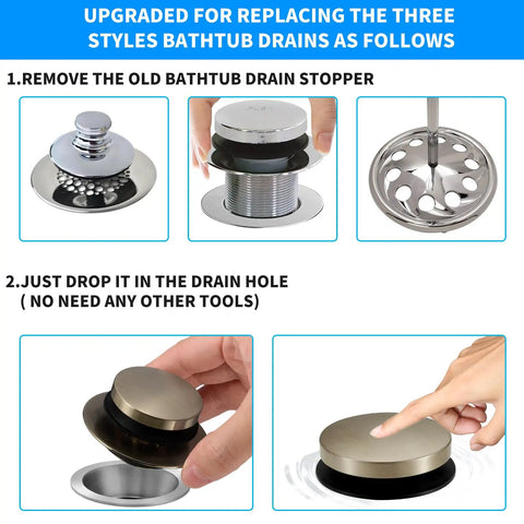 Universal Bathtub Drain Stopper Fits 1.5 To 1.72 Regular Drains shown during installation process with adjustable rubber plug.