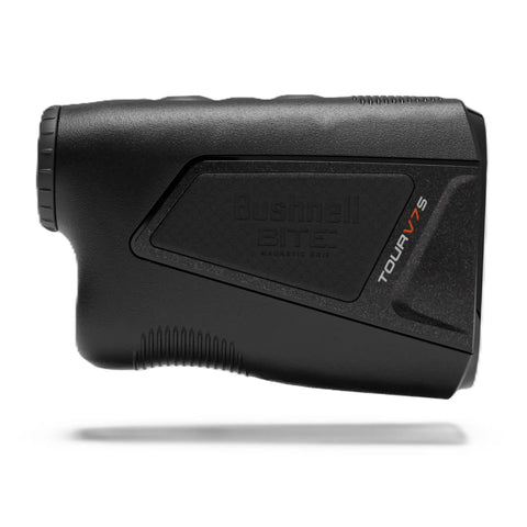 Side view of Tour V7 Shift Laser Rangefinder With Slope Tech And Dual Color OLED, compact design, black finish, ergonomic grip
