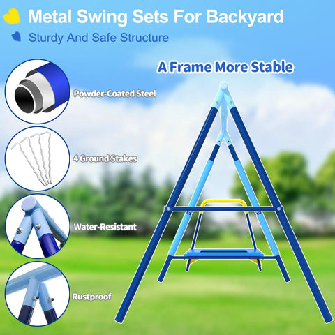 3 In 1 Outdoor Swing Set With Saucer Swing Belt Seat And 4 Ft Trampoline Heavy Duty A Frame Metal Stand With Safety Stakes 440 Lb Capacity Backyard Playground For Toddlers 3 To 8 Years Old featuring sturdy A-frame structure with powder-coated steel frame and safety ground stakes