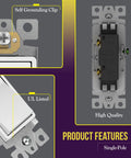 Gloss White Decorator Paddle Rocker Light Switch, Single Pole 3 Wire, Grounding Screw, features and UL Listed mark