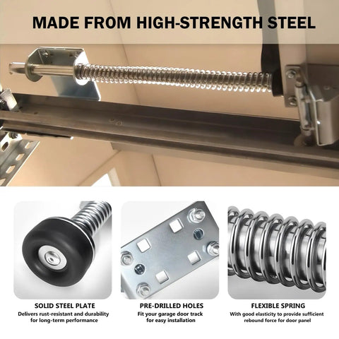 Beefed Up Heavy Duty Garage Door Pusher Springs Pair with plunger bumpers, showcasing high-strength steel and cable protection.