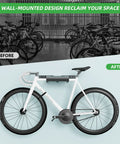 Space-Saving Bike Wall Mount Rack With Shelf And Hooks For Helmet, Shoes And Gear, Garage-Ready Storage secures bike indoors.