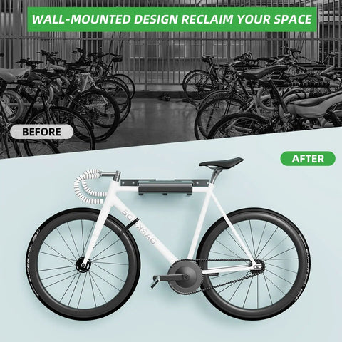 Space-Saving Bike Wall Mount Rack With Shelf And Hooks For Helmet, Shoes And Gear, Garage-Ready Storage secures bike indoors.