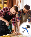Beefy Woodworking T Slot Clamp With T Track Hold Down Screw Blue Quick Act Carpenter Clamp used on a woodworking bench