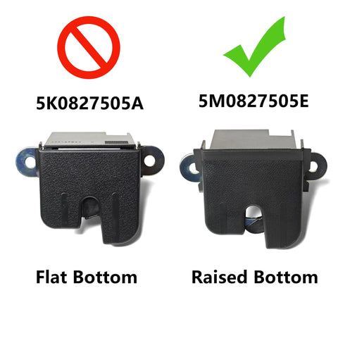Volkswagen Rear Trunk Boot Lid Lock Latch Replacement 5M0827505E showing flat vs raised bottom comparison