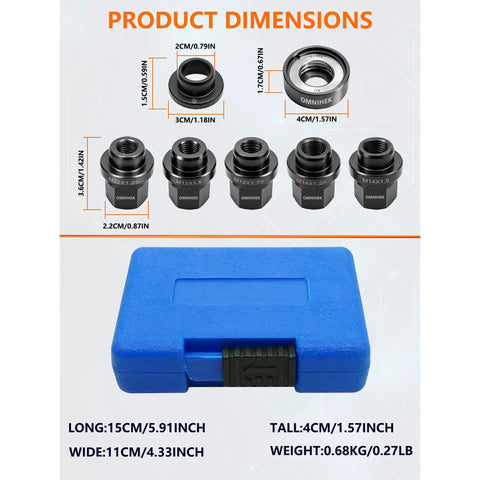Dimensions of Beefed-Up Seven-Piece Wheel Stud Installer Tool Set with carry case and bolt sizes for universal fit.
