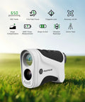 Golf Rangefinder With Pin Seeker And 6X Magnification on grass, showing icons for features like 650 yards range, slope mode, waterproof.