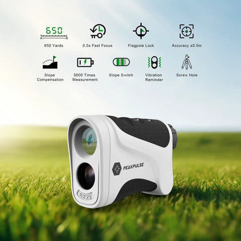 Golf Rangefinder With Pin Seeker And 6X Magnification on grass, showing icons for features like 650 yards range, slope mode, waterproof.
