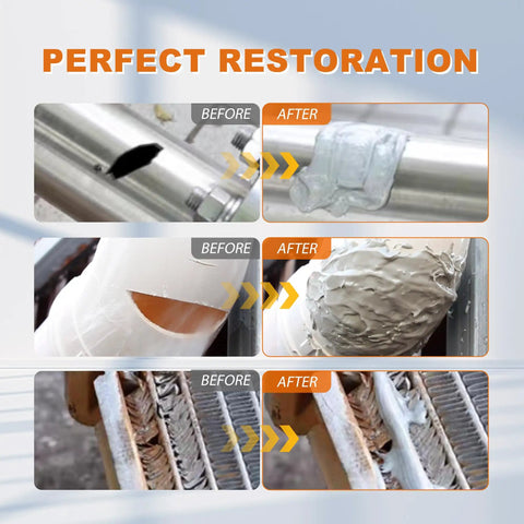 5 Minute Metal Glue Heavy Duty Waterproof Epoxy Adhesive before and after repair on metal, plastic, and wood surfaces.