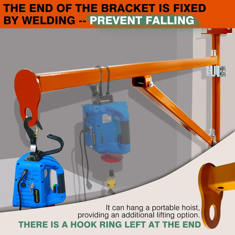 Heavy Duty Wall Mount Jib Crane Hoist Support Arm With 180 Degree Swinging Electric Scaffolding Lift Bracket All Steel Construction 660 Lbs Capacity For Industrial Garage Workshop Use Durable Steel Pole Holder showing detailed hook and welded bracket.