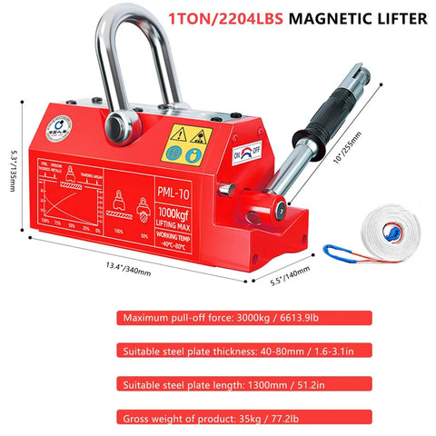 Heavy Duty Permanent Magnetic Lifter With Rock Solid Grip, 2200 Lb Plate Magnet For Crane And Workshop Rigging, side view showing size and features.