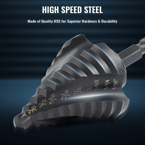 Five Piece Step Drill Bit Set With Titanium Coated HSS For Metal And Wood, Fifty Sizes, Four Spiral Flute, Close-up View