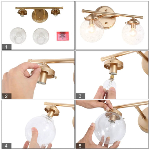 Two Light Gold Vanity Lighting Fixture With Globe Seeded Glass Shades For Bathroom assembly guide view