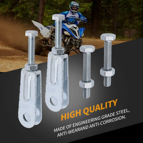 Heavy Duty Wheel Chain Puller Adjuster Tensioner Kit For Yamaha Raptor 350 Warrior 350 Blaster 200 Banshee 350 Grizzly 125 Atv showcasing steel tension blocks and mounting bolts.