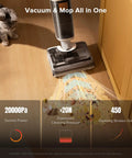 All In One Cordless Vacuum Mop For Hard Floors With 20000Pa Suction Wet Dry Cleaning cleaning dirt on hardwood floor with cat nearby.