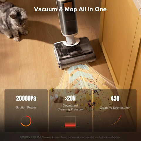 All In One Cordless Vacuum Mop For Hard Floors With 20000Pa Suction Wet Dry Cleaning cleaning dirt on hardwood floor with cat nearby.