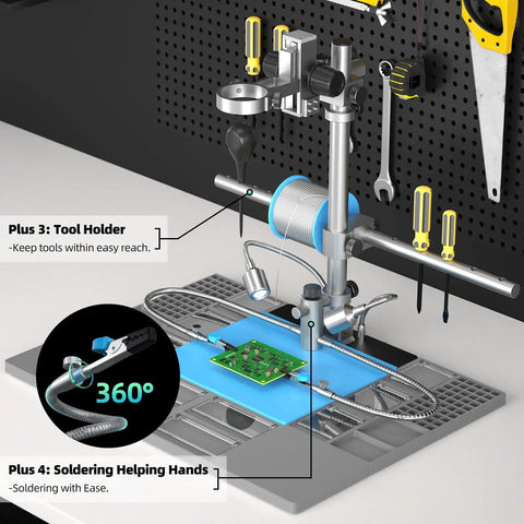 HDMI Soldering Digital Microscope 7 Inch With 3 Lens System showing tool holder and soldering helping hands setup.