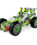 Deluxe 3 In 1 Pull Back Buggy STEAM Model Building Kit For Kids 5 And Up Dune Buggy model with green and black parts, front angle view