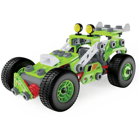 Deluxe 3 In 1 Pull Back Buggy STEAM Model Building Kit For Kids 5 And Up Dune Buggy model with green and black parts, front angle view