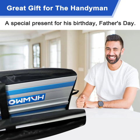 Universal Track Saw Guide Rail Carry Bag Up To 42 Inches for easy transport and protection, displayed on table with smiling man