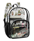 Clear PVC camping backpack for kids see through daypack with adjustable padded straps waterproof tear resistant outdoor adventure bag for boys and girls showing contents inside