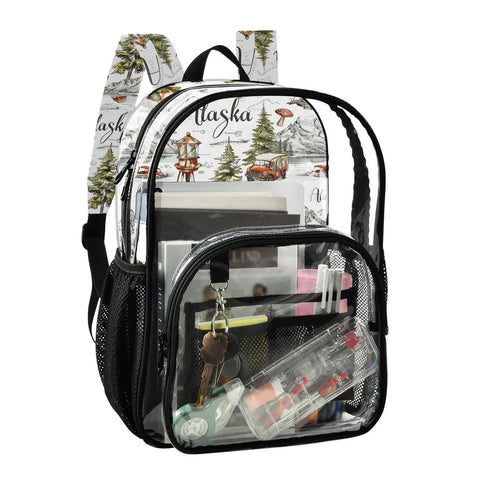 Clear PVC camping backpack for kids see through daypack with adjustable padded straps waterproof tear resistant outdoor adventure bag for boys and girls showing contents inside