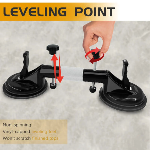 Pro Grade Seam Setter For Granite Tile With Heavy Duty Vacuum Suction Cup demonstrating leveling features and non-marking cups.