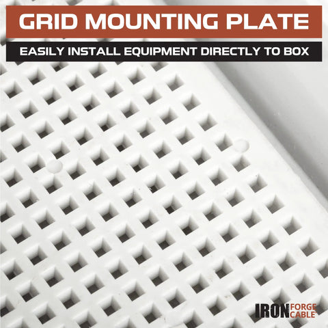 Close-up of grid mounting plate in Waterproof Outdoor Junction Box With Mounting Plate And Wall Brackets Tough As Nails Plastic Electrical Enclosure.