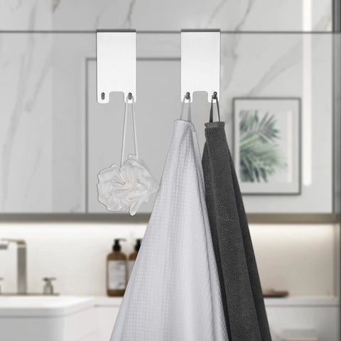 Over The Door Stainless Steel Shower Hooks Set holding towel and squeegee on frameless glass doors, fits glass up to 11mm