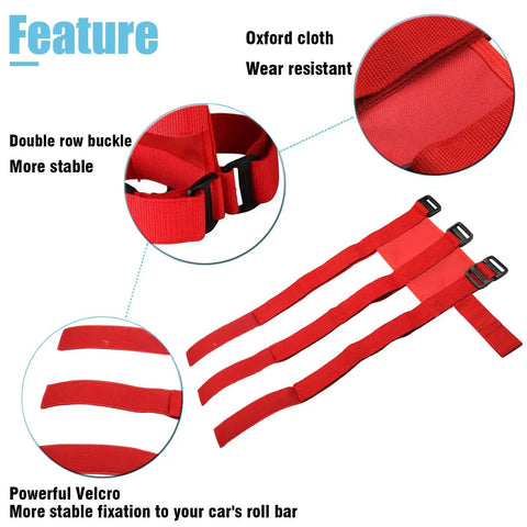 Jeep Roll Bar Fire Extinguisher Mount Holder With Heavy Duty Adjustable Nylon Straps Fits Wrangler CJ YJ TJ LJ JK JKU JL JLU All Years Red With USA Flag Pattern Easy Install And Secure Hold, showing red straps and Velcro fastening.