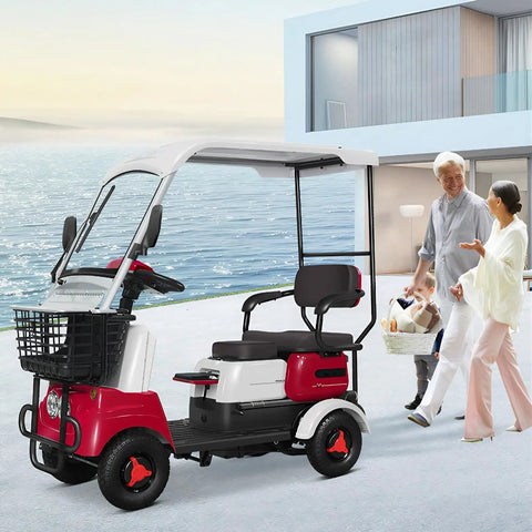 This Smooth Rolling Electric Golf Cart Offers A Thrilling 13 Mph Ride And Climbs Steep Hills With Ease, parked near a waterfront.