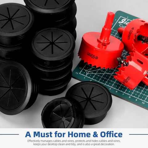 Slick Two Inch Desk Cable Grommets With Rapid Hole Saw And Fifteen Nylon Strap Ties For No Brainer Wire Routing And Tight Cord Setup On Your Modern Office Or Home Desktop Pack Of Ten displaying black grommets and hole saw.