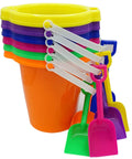 Six Pack Kids Beach Buckets And Shovels Set For Outdoor Summer Fun 7 Inch Large Sand Pails with colorful shovels stacked together