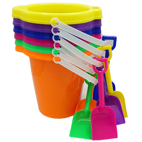 Six Pack Kids Beach Buckets And Shovels Set For Outdoor Summer Fun 7 Inch Large Sand Pails with colorful shovels stacked together