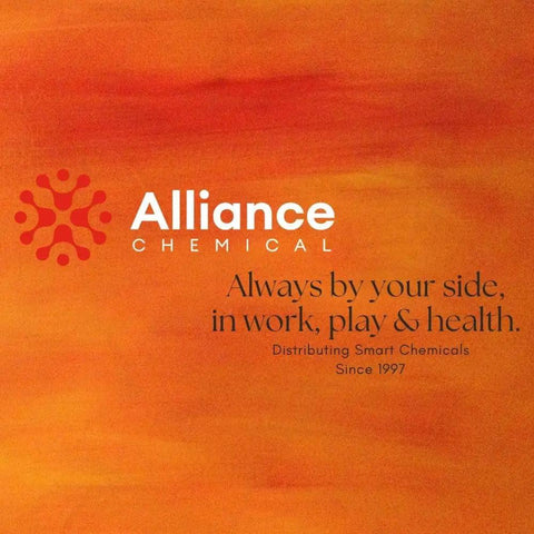 Alliance Chemical logo with slogan on a gradient orange background, representing smart chemical distribution since 1997.