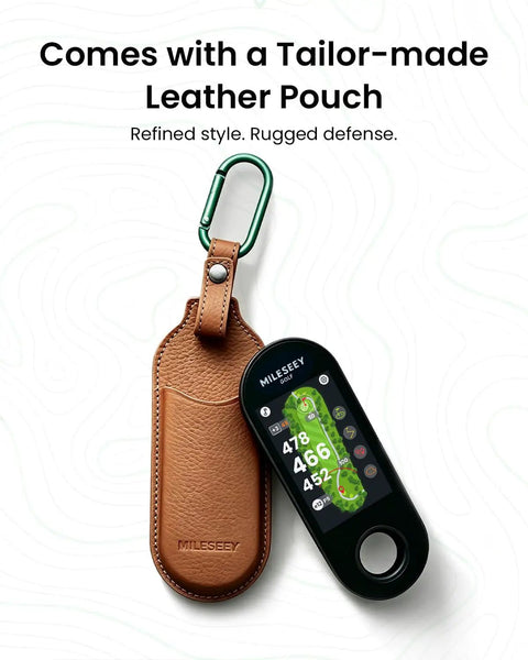 Handheld Golf GPS Rangefinder With 43000 Preloaded Courses No Monthly Fees 3 Inch Full Color Touchscreen in leather pouch.