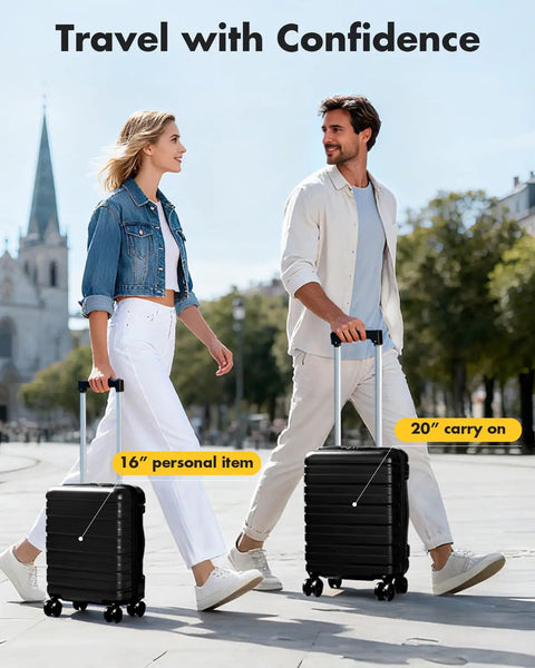 Couple walking with 16 Inch Underseat Carry On Luggage Airline Approved Hard Shell Suitcase With TSA Lock And 360 Degree Spinner Wheels