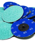 3 Inch Quick Change Sanding Discs With Pro Grade Green Zirconia Grit for deburring polishing rust removal on metal, top view.