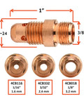 Stubby Setup TIG Torch Consumables Kit For 17, 18, 26 Series with various tungsten tip sizes 1/16, 3/32, 1/8 inch