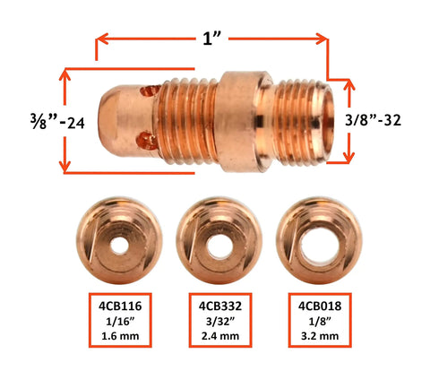 Stubby Setup TIG Torch Consumables Kit For 17, 18, 26 Series with various tungsten tip sizes 1/16, 3/32, 1/8 inch