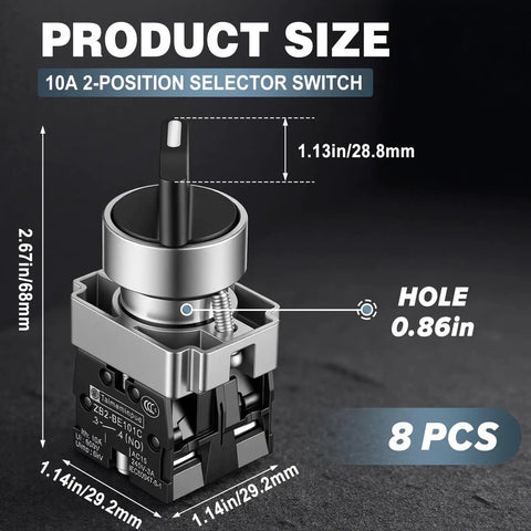8 Pack 22mm Rotary Selector Switches SPST Self Locking On Off 2 Position 10A 600V Panel Mount Industrial Control Knob Dimensions