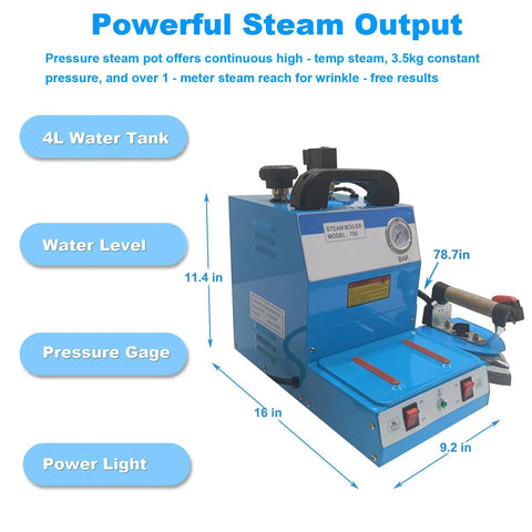Heavy Duty Industrial Steam Iron And Boiler Setup Straight Up 110 Volt 1600 Watt Pro Ironing Rig with 4L tank and pressure gauge.