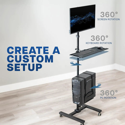 Built Tough Mobile Computer Cart With Smooth Glide Wheels And Adjustable Monitor Stand Engineered For Big Screens Up To Thirty Two Inches, featuring 360° screen and keyboard rotation.